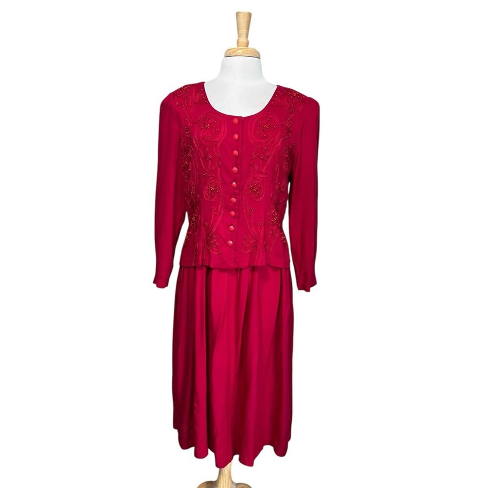 Vintage Plaza South Women 14 Prairie Dress Cranberry Red Beaded Embroidery Midi